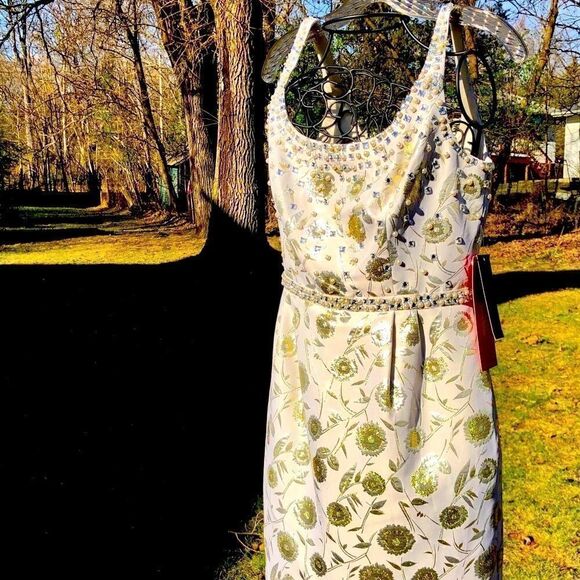 CARMEN MARC VALVO JEWEL EMBELLISHED IVORY & CHAMPAGNE GOLD DRESS 6 NWT - Picture 11 of 16